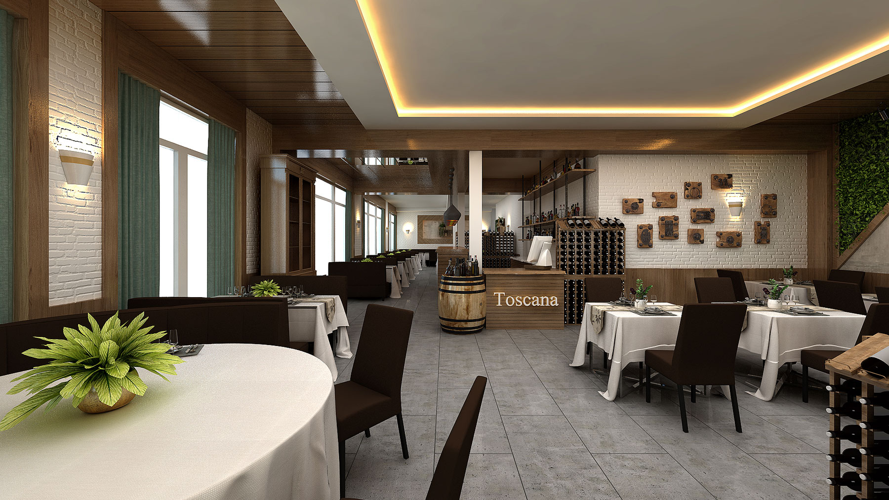 Elegantes Restaurant-Interieur mit modernem Fine-Dining-Konzept, warmen Holzdetails und stilvoller Beleuchtung.