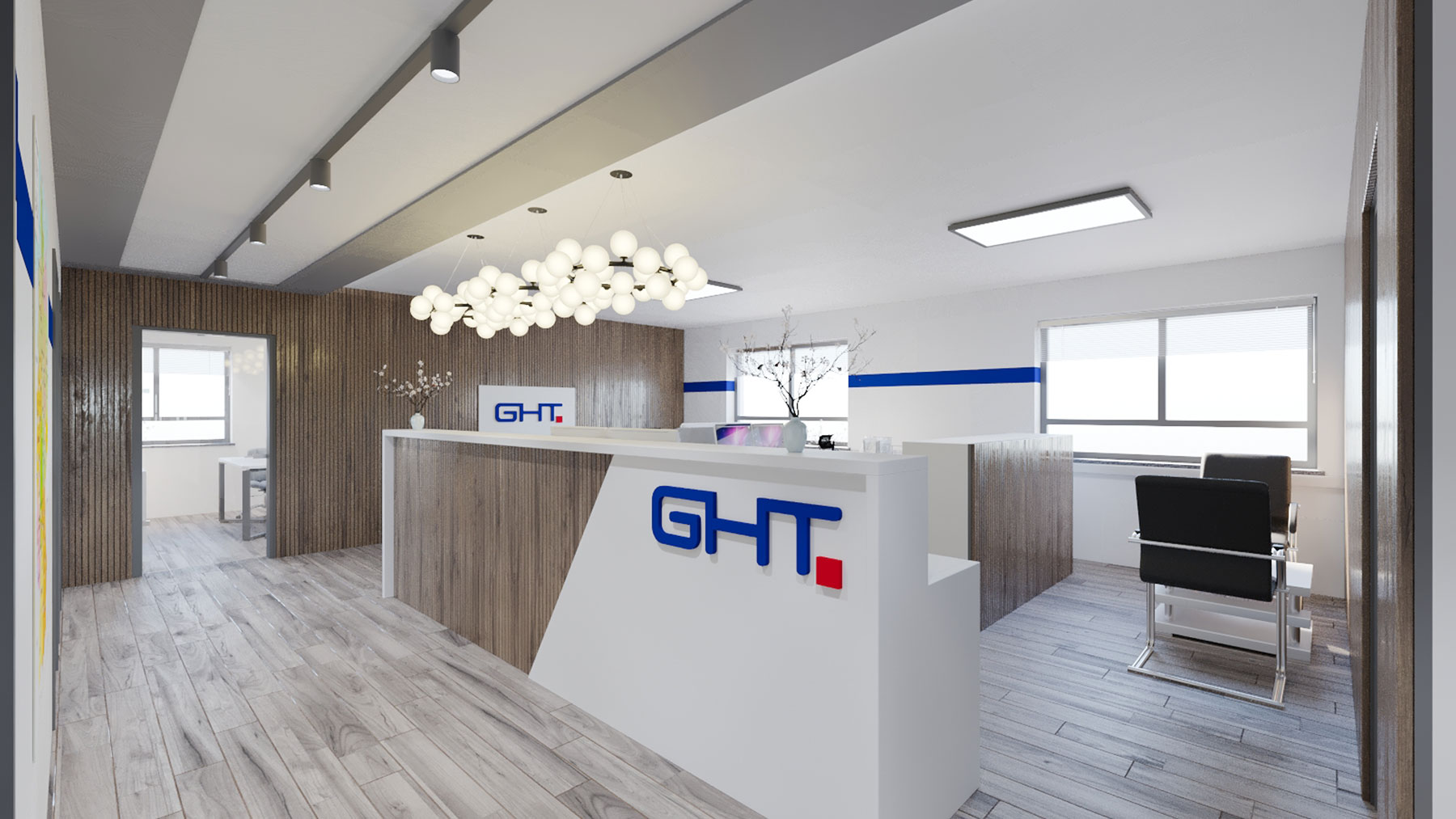 Modernes Büro- und Empfangsdesign mit minimalistischem Interior, Holzdetails und hochwertiger Beleuchtung.