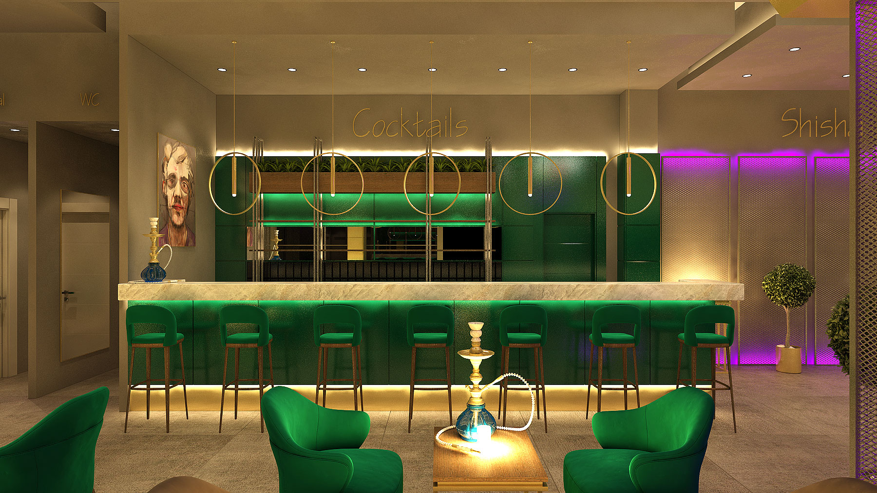 Modernes Cocktail- und Shisha-Lounge-Interieur mit luxuriöser Beleuchtung, grünen Samtstühlen und stilvoller Bargestaltung.
