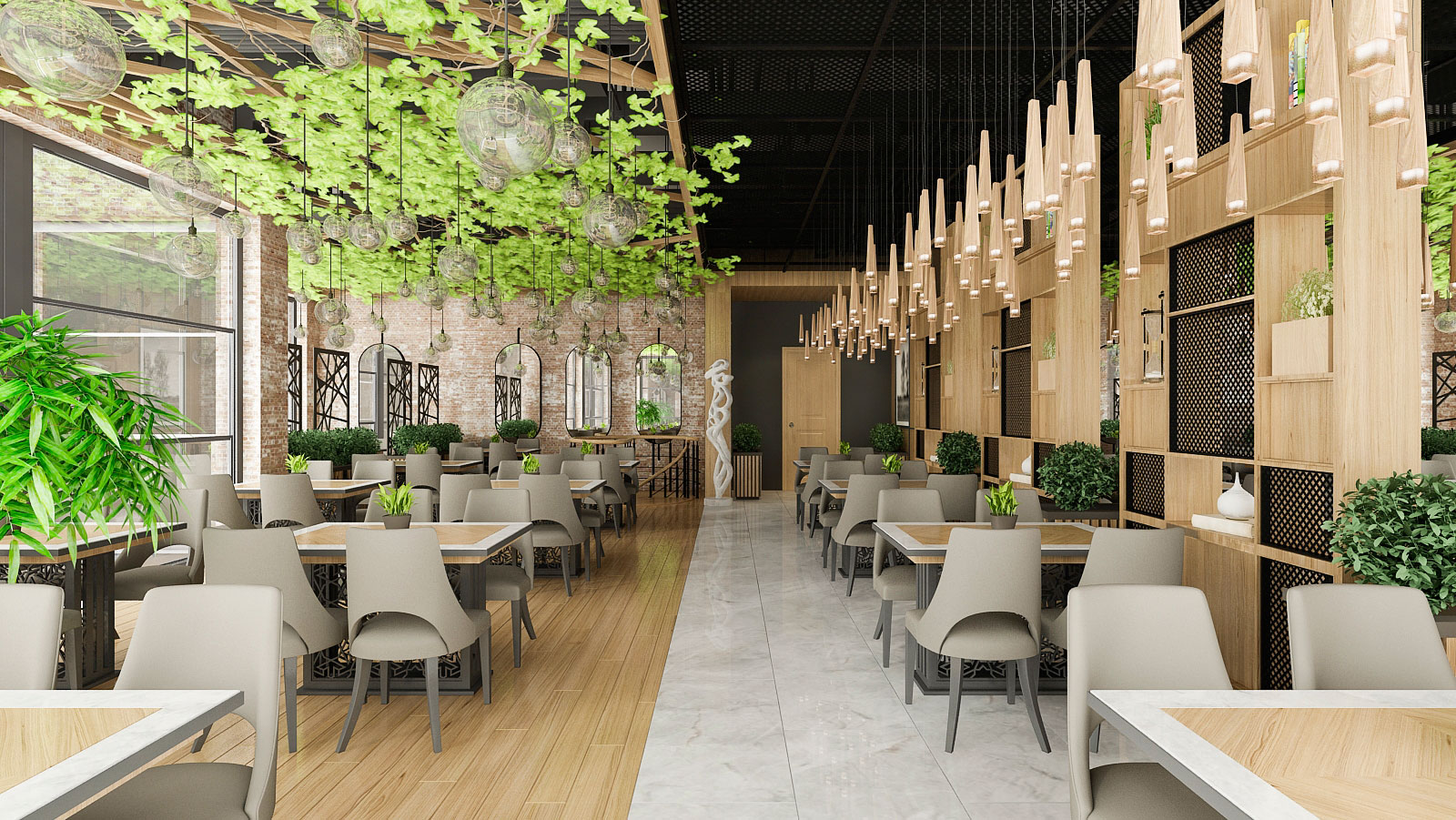 Modernes Restaurant-Innenarchitekturkonzept mit natürlichen Materialien, Holzdetails, Pflanzenintegration und hochwertiger Lichtgestaltung.