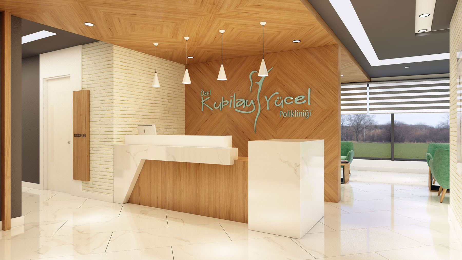Modernes Empfangs- und Innenarchitekturdesign einer Privatklinik mit hochwertigen Holzoberflächen, Marmorelementen und warmer Beleuchtung.
