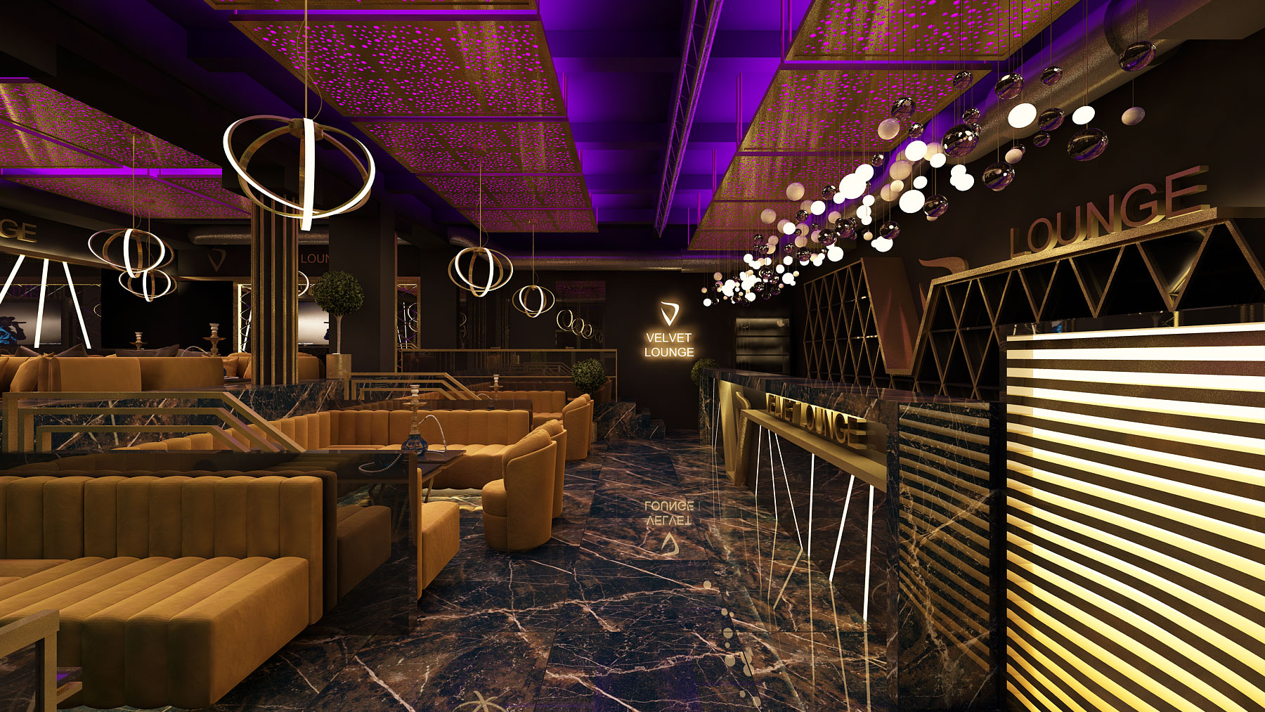 Luxuriöses Lounge- und Bar-Interieur mit moderner Lichtgestaltung, dunklen Materialien, goldenen Akzenten und exklusivem Raumkonzept.