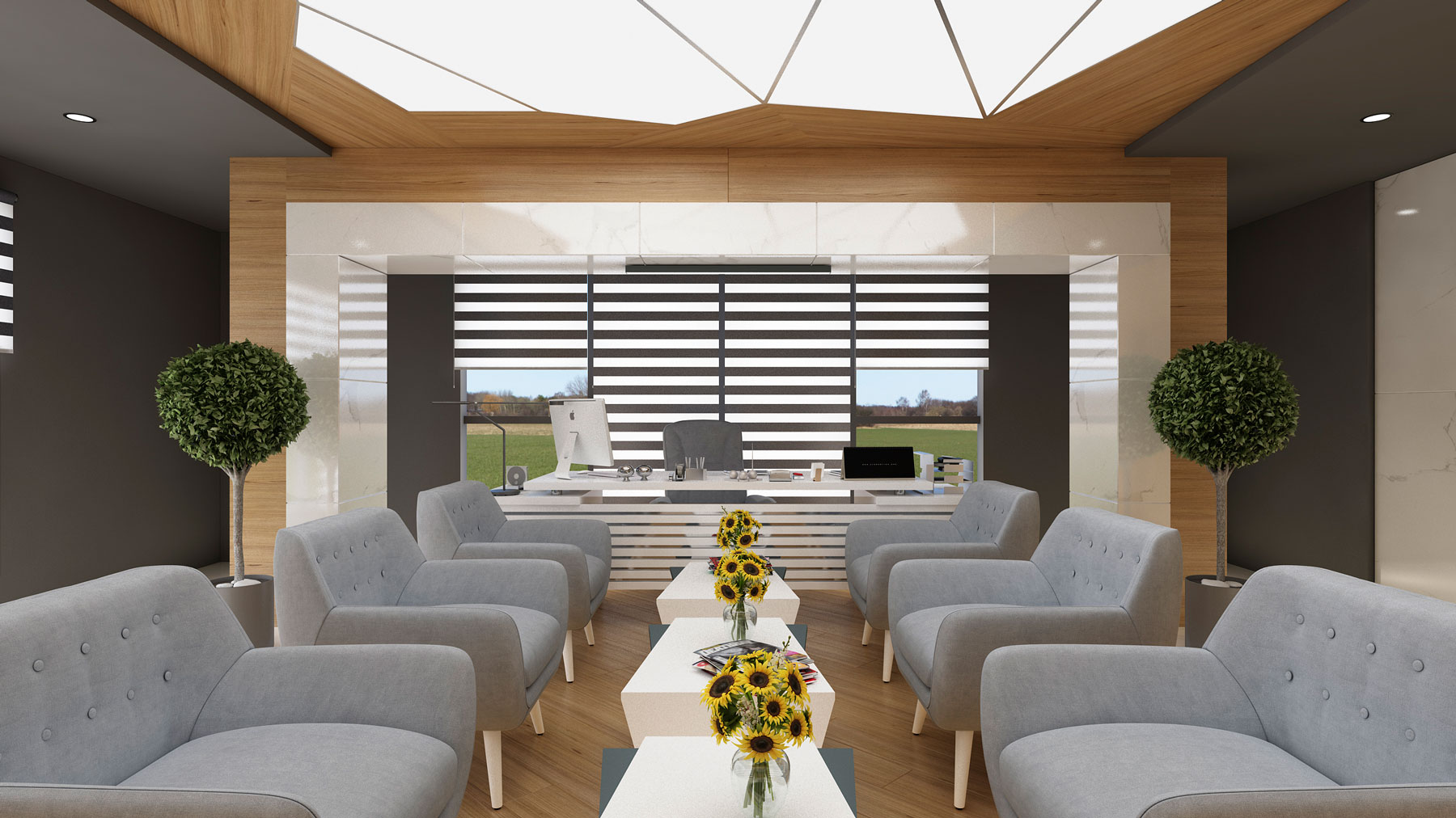Moderner Warte- und Empfangsbereich mit eleganter Innenarchitektur, heller Farbgestaltung, Holzdetails und hochwertiger Möblierung.