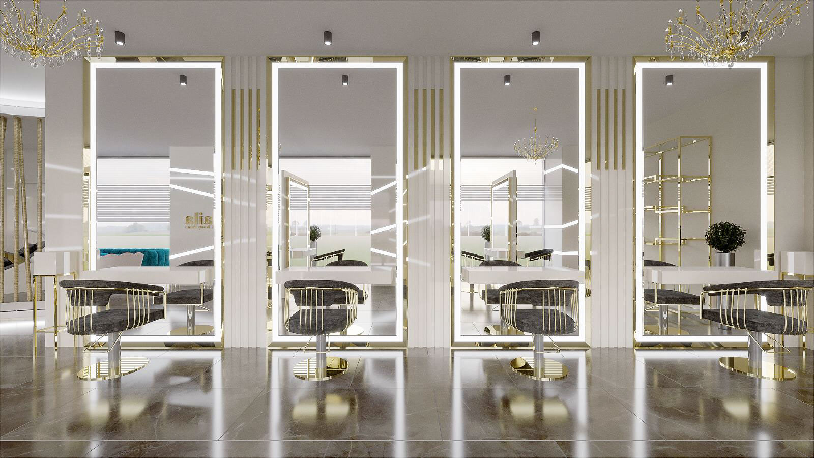 Luxuriöses Friseur- und Beauty-Salon-Interieur mit eleganter Beleuchtung, goldenen Details und moderner Innenarchitektur.