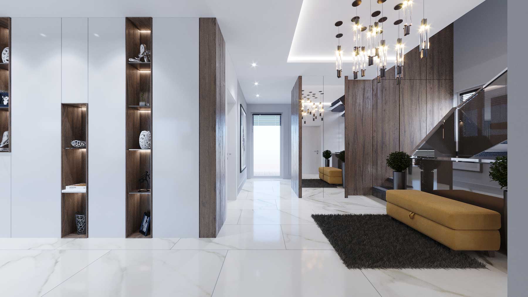 Modernes Wohnhaus-Interieur mit eleganter Beleuchtung, hochwertigen Holzoberflächen, Marmorboden und minimalistischer Raumgestaltung.