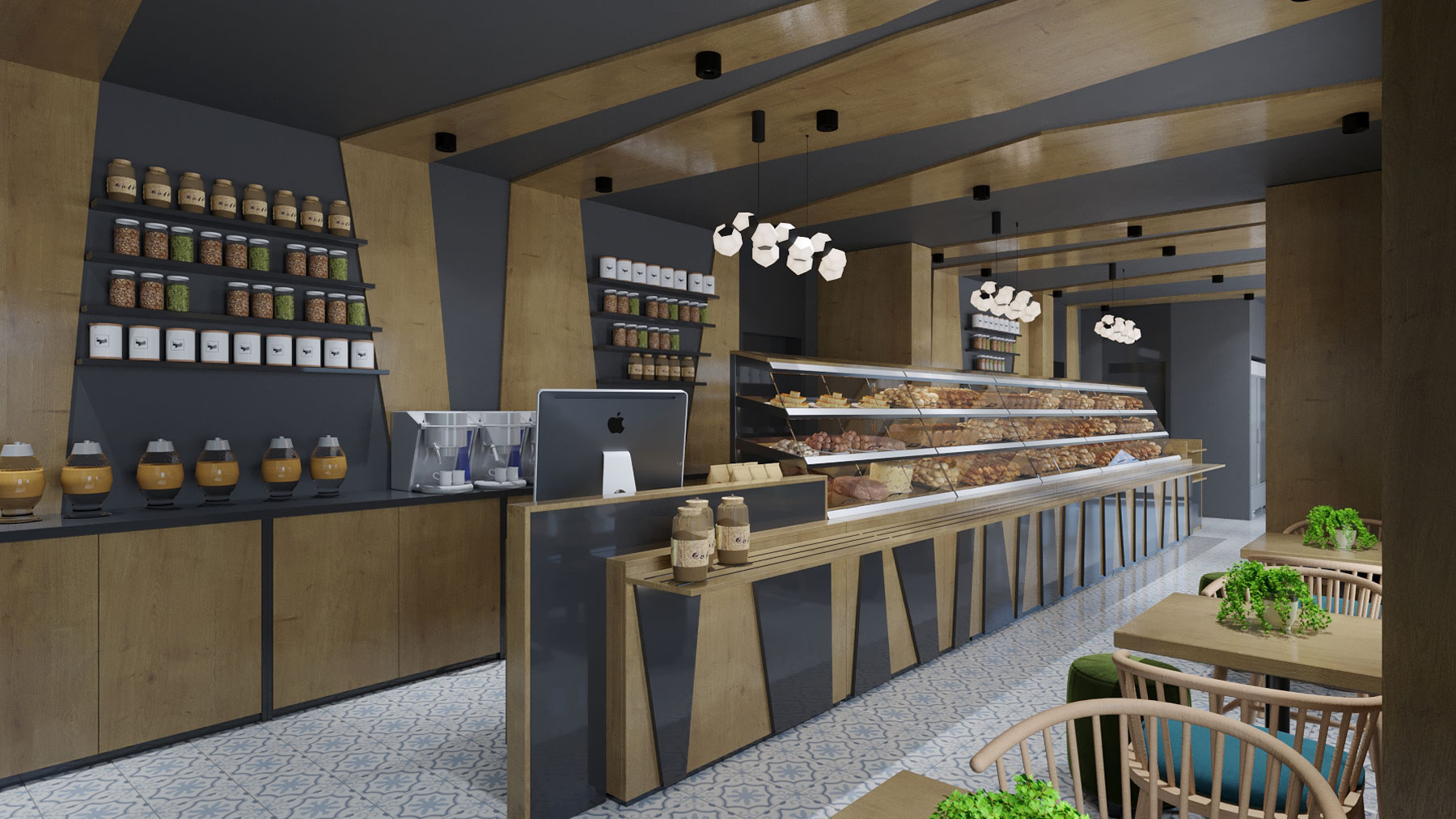 Modernes Café- und Bäckerei-Interieur mit stilvoller Verkaufstheke, warmen Holzdetails und eleganter Beleuchtung.