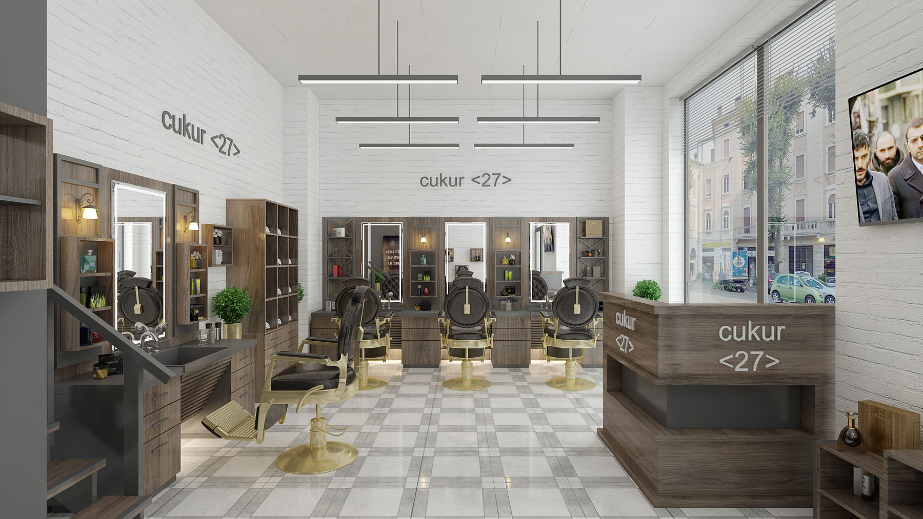 Moderner Barbershop mit eleganter Innenarchitektur, hochwertigen Friseurstühlen und stilvoller Empfangstheke.