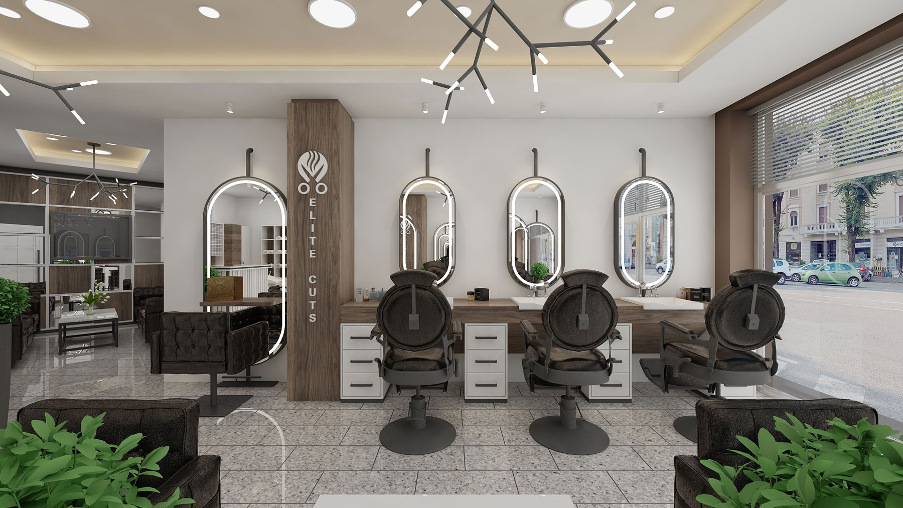 Moderner Friseur- und Beauty-Salon mit eleganten Spiegeln, stilvollen Friseurstühlen und hochwertiger Innenarchitektur.