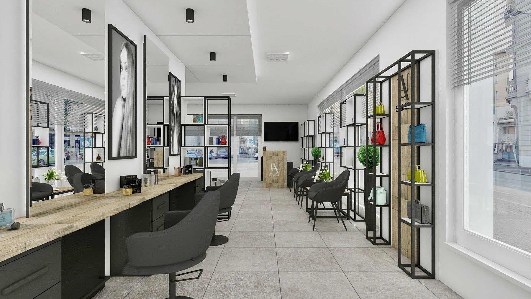 Modernes Friseur- und Beauty-Salon-Interieur mit minimalistischer Innenarchitektur, eleganten Spiegeln und hochwertigen Materialien.