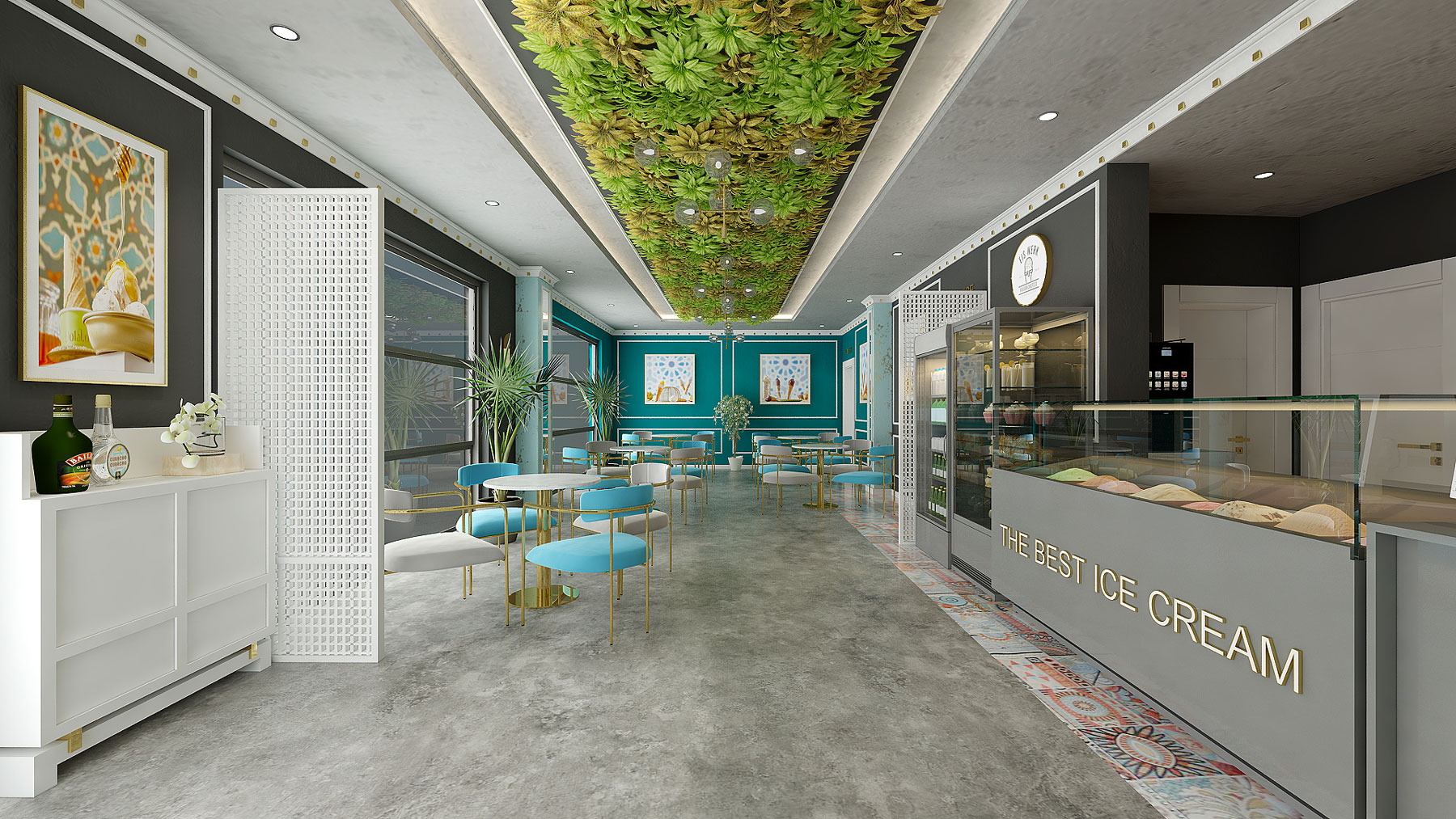 Modernes Eiscafé-Interieur mit stilvoller Verkaufstheke, türkisfarbenen Sitzbereichen und dekorativer Pflanzen-Decke.