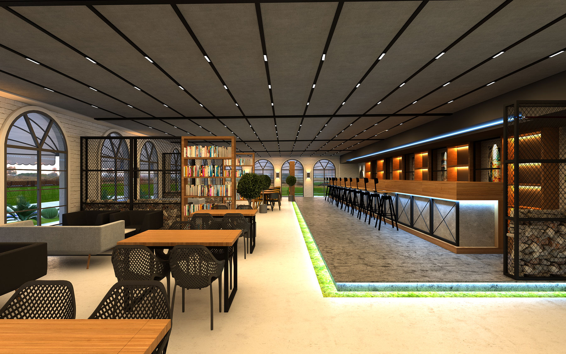 Modernes Lounge- und Restaurant-Interieur mit stilvoller Bar, großzügigem Sitzbereich und eleganter Beleuchtung.