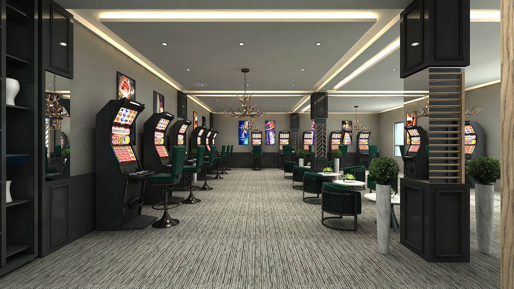 Modernes Casino- und Entertainment-Interieur mit eleganter Beleuchtung, hochwertigen Materialien und exklusivem Raumdesign.