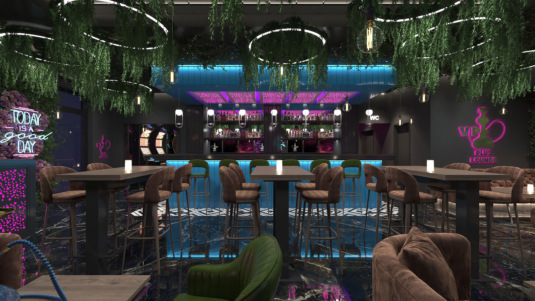Modernes Lounge- und Bar-Interieur mit Neonbeleuchtung, hängenden Pflanzen und luxuriösem Ambiente.