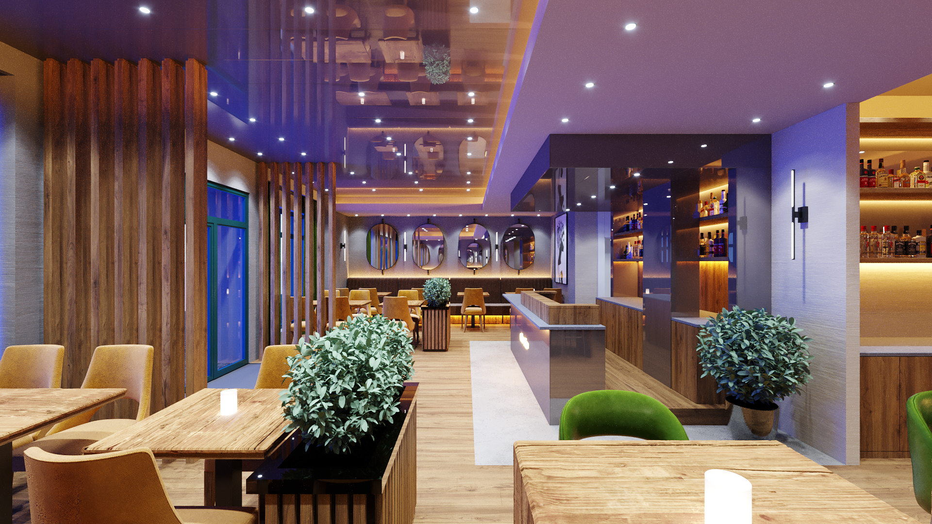 Modernes Restaurant- und Café-Interieur mit eleganter Beleuchtung, Holzdetails und stilvoller Bargestaltung.
