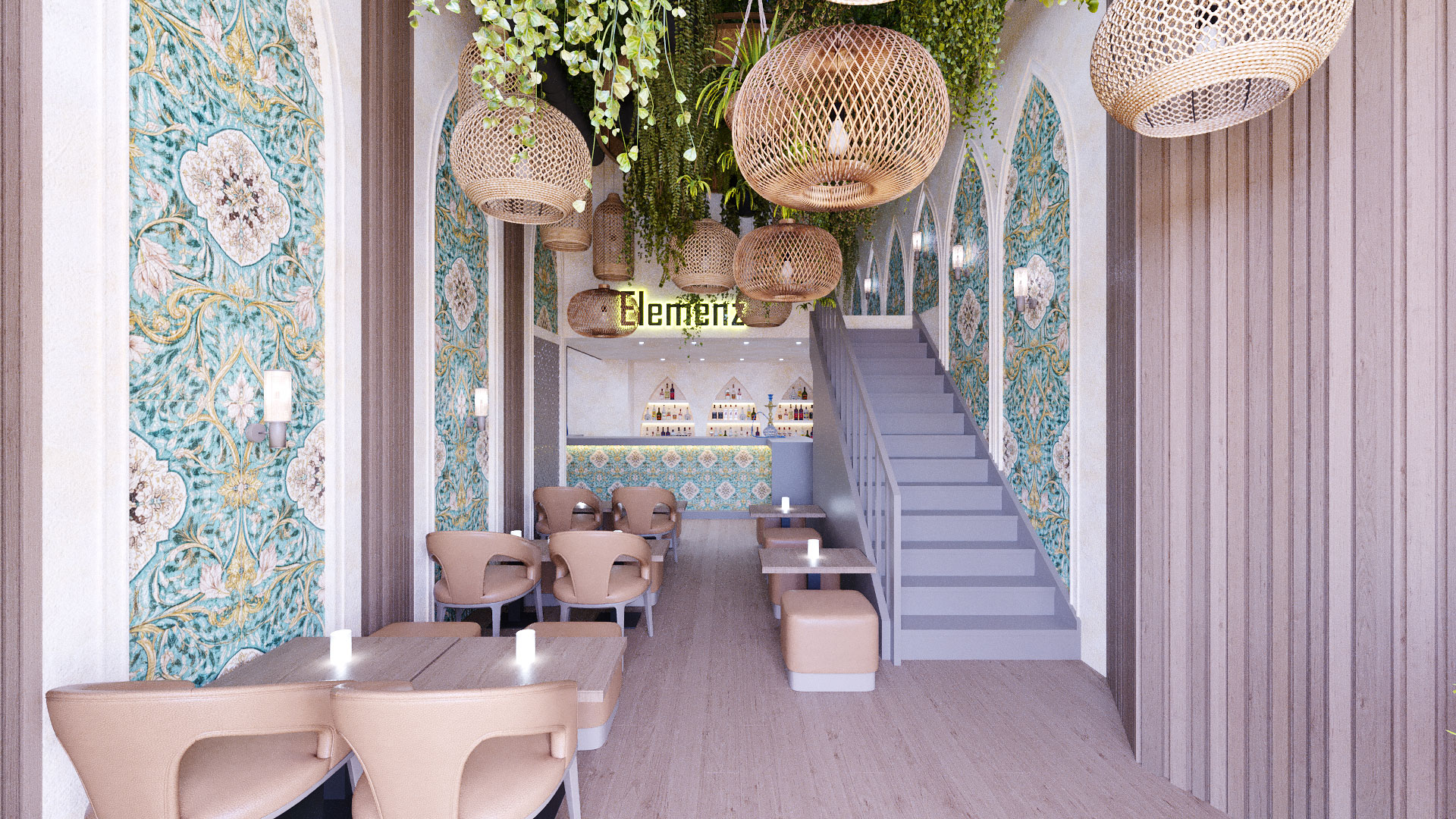 Elegantes Café- und Lounge-Interieur mit orientalischen Wandmustern, natürlichen Materialien und dekorativen Hängeleuchten.